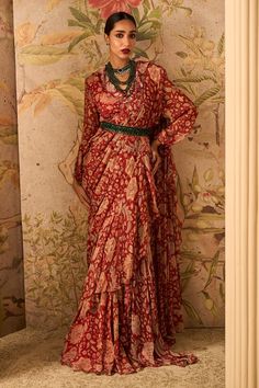 Regal red ochre draped sari and jacket set Saree With Jacket, Red Sari, Ridhi Mehra, Ruffle Sarees, Chiffon Jacket, Draped Saree, Red Ochre, Ruffle Saree, Embroidered Crop Tops