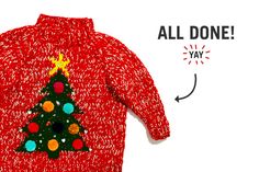 a red sweater with a christmas tree on it and the words, all done way