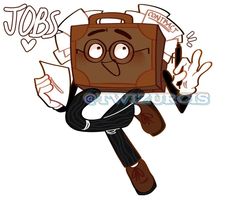 a cartoon character carrying a briefcase with lots of writing on it's face and hands