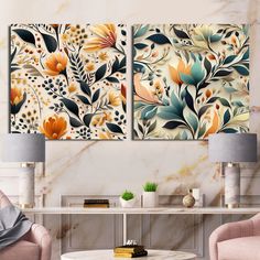 two floral paintings on the wall in a living room