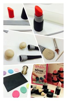 various pictures of different types of makeup and accessories on a white table with polka dots