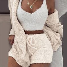 Season:Winter,Fall; Fabric:Cotton Blend; Sleeve Length:Long Sleeve,Short Pant; Gender:Women's; Quantity:3 Pieces; Nightwear Style:Loungewear,Sets; Style:Casual,Comfort,Soft,Sport,Plush; Elasticity:Micro-elastic; Occasion:Home,Going out,Bed,Daily; Age Group:Adults; Function:Breathable; Pattern:Pure Color; Design:Elastic Waist; Neckline:V Wire; Bottom Type:Shorts; Listing Date:10/13/2023; Length:; Length [Bottom]:; Length [Top]:; Waist:; Bust:; Sleeve Length: Guangzhou Style, Winter Pajamas, Short Cardigan, Fleece Pajamas, Teddy Coat, Sleeves Clothing, Vest White, Chic Me, Short Pajama Set