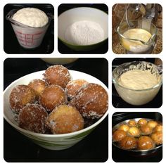 there are many different types of doughnuts in the bowl and on the table