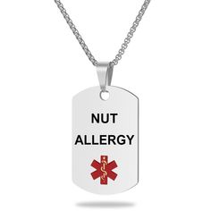 PRICES MAY VARY. 【MEDICAL CONDITION】: Laser Engraved with "NUT ALLERGY" ALL-CAPS (for readability) in Arial font black color, stylish UNICGIFT Medical Alert ID necklace for men/women. 【Top Material】: Made of high polished stainless steel, 316L Steel Non Allergenic, Non Corrosive, waterproof, comfortable for skin, excellent wear resistance. 【Size】: Pendant 0.94" x 1.53" (2.5cm x 3.9cm), Chain length 23.6" (55cm+5cm adjustable), weight 0.74 oz (21g). Perfect for children, kids, and adults. 【LASER Nut Allergy, Medical Alert Necklace, Arial Font, Pendant For Men, Medical Alert, Black Gift Boxes, Mens Pendant, Engraved Necklace, Id Tag