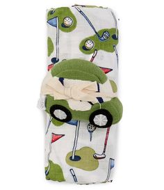 From Mud Pie&#x2C; this swaddle blanket features:Allover golf-theme-printed designIncludes sweater-knit rattleCotton muslinOne sizeMachine wash/tumble dryImported. Golf Baby Nursery, Golf Nursery, Golf Baby, Boys Golf, Baby Boy Tops, Golf Theme, Muslin Swaddle Blanket, Muslin Swaddle