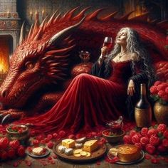 a painting of a woman sitting on a couch next to a red dragon with a glass of wine