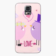 a pink phone case with two birds and the words love written on it's back