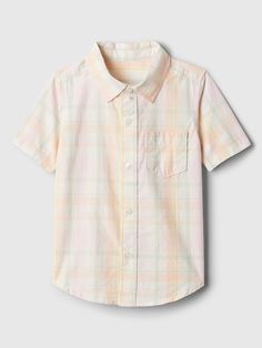 Smooth poplin weave. Short sleeves. Spread collar, button front. Patch pocket at chest. Curved shirttail hem. Select styles have allover print or plaid. #881932 Toddler Boy Clothes, Toddler Boy Outfits, Boy Clothes, Baby Gap, Poplin Shirt, Toddler Boys, Textile Design, Boy Outfits, Gap