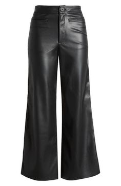 A wider leg silhouette adds a cool kick to these buttery pants made from glossy faux leather. Zip fly with button closure Front welt pockets 100% polyester Machine wash, line dry Imported Chic Leather Pants, Thrifting Ideas, Boy Activewear, 2019 Style, Black Leather Pants, Chic Leather, Favorite Daughter, Maternity Shops, Faux Leather Pants