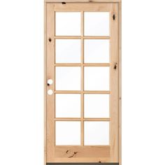 a wooden door with glass panels on the top and bottom panel, in front of a white background