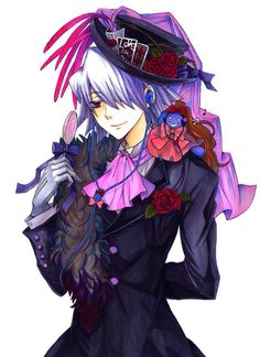 a drawing of a woman with purple hair wearing a hat and holding a flower in her hand