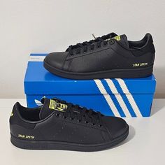 Adidas Stan Smith 'Black Semi Solar Yellow' Men's Shoes Size 8 Brand With Box H00326 "All Products Are Carefully Packaged And Ship Same Day Or 24 Hours Of Purchase Monday-Friday." Black Leather Adidas Sneakers, Modern Black Adidas Sneakers, Modern Black Slip-resistant Sneakers, Black Plain Toe Sneakers For Sports, Black Sneakers With Cushioned Footbed, Adidas Black Slip-on Sneakers, Black Adidas Slip-on Sneakers, Black Sporty Sneakers With Plain Toe, Adidas Nmd Men