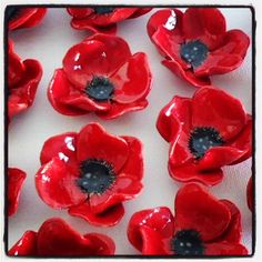 there are many red flowers on the white table cloth that has been placed in front of each other