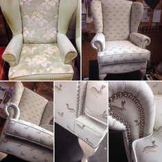 several pictures of different styles of upholstered chairs and footstools with chains on them