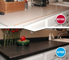 before and after photos of a kitchen countertop