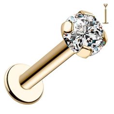 3mm CZ Low-Set Prong 14k Gold Labret Tragus Cartilage Flat Back Earring-14K Yellow Gold   14G   5 16" Labret Ring, Gold Plugs, Eyebrow Jewelry, Gold Nose Hoop, Diamond Nose Ring, Gold Body Jewellery, Nose Piercing Jewelry, Gold Lips, Labret Studs