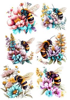 flowers and bees are shown in this image