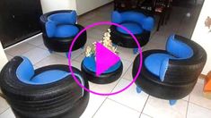 three blue and black chairs sitting on top of a tiled floor