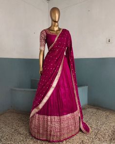 Pure Dola silk lehanga  set   S to xxl..  Dyable more colours available   Prebook  Maggam work extra Long Skirt Top Designs, Mehendi Dress, Silk Half Saree, Indian Fits, Dress Designs For Stitching, Frock Models, Wedding Mehendi, Saree Styling, Long Skirt And Top