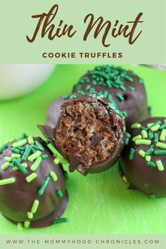 chocolate truffles with green sprinkles on top and the title overlay reads thin mint cookie truffles