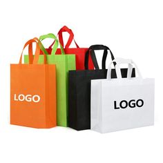 four different colored shopping bags with the logo printed on one side and the word'logo'in black, white, green, orange, and red