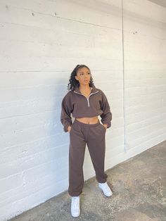 Chocolate cropped hoodie with zipper detail + matching color sweatpant with pockets. Oversized fit. Manufactured in Los Angeles. Sporty Half-zip Sweats For Loungewear, Trendy Tracksuit With Ribbed Cuffs For Loungewear, Hoodie Sweatpants Outfit, Hoodie And Sweatpants Outfit, Hoodie With Zipper, Sweatpants Outfit, School Clothes, Hoodie And Sweatpants, Teenager Outfits