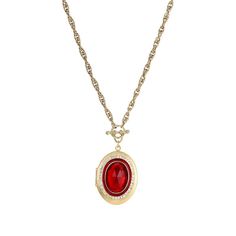 This 1928 Gold Tone Red Stone and Simulated Crystal Accent Oval Locket Necklace is beautifully vintage-inspired. This 1928 Gold Tone Red Stone and Simulated Crystal Accent Oval Locket Necklace is beautifully vintage-inspired. NECKLACE FEATURES Pendant length: 2.5 in. Chain length: 30 in. Clasp: lobster-claw Metal: alloy Plating: gold tone Finish: polished Material: acrylic Size: One Size. Gender: female. Age Group: adult. Classic Red Oval Pendant Necklace, Red Oval Victorian Necklace, Victorian Red Locket Necklace, Red Victorian Locket Necklace, Vintage Red Oval Pendant Necklace, Red Oval Pendant Vintage Necklace, Red Locket Necklace For Formal Occasions, Red Vintage Oval Pendant Necklace, Antique Red Locket Necklace