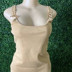 Tan Chain Shirt Chic Gold Tank Top For Spring, Casual Gold Tank Top For Party, Trendy Chain Strap Top For Party, Trendy Gold Top For Spring, Trendy Gold Tops For Spring, Trendy Gold Summer Tops, Trendy Gold Tops For Summer, Gold Fitted Top For Day Out, Fitted Gold Top For Day Out