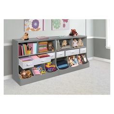 a toy storage unit in a child's room