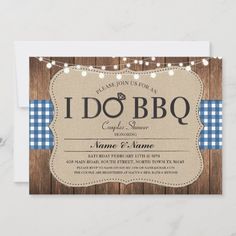 i do bbq party card with lights and plaid tablecloth on the front, blue gingham checkerboard