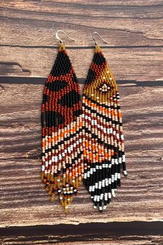 African Style Earrings, Brick Stitch Tutorial, Hand Beaded Earrings, Bead Fringe Earrings, Animal Print Earrings, Bead Fringe, Earring Kit, Casual Earrings, Seed Bead Patterns