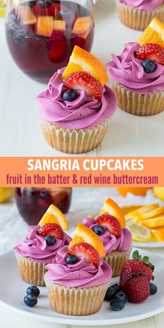 cupcakes with fruit in the batter and red wine buttercream on top