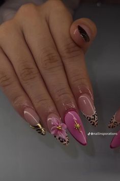 Almond Nails Preppy, Nail Inspo Acrylic Almond, Pink Cheetah Nails, Pink Gold Nails, Nails Preppy, Pink Leopard Nails, Leopard Print Nail Art, Cheetah Print Pink, Leopard Print Nail