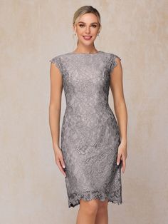 Silver Short Mother Of The Bride Dresses, Mother Of The Bride Looks, Cocktail Dress Elegant, Lace Wedding Guest Dress, Knee Length Lace Dress, Grey Sheath Dress, Mother Of Groom Dresses, Groom Dresses, Lace Neckline