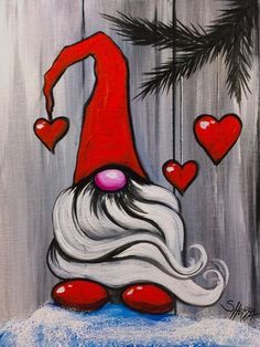 an acrylic painting of a gnome with hearts hanging from a pine tree branch