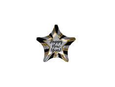 a black and white star shaped foil balloon with the words happy new year on it