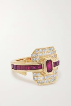 Rainbow K's pieces are influenced by vintage finds from the Art Deco period, and this 18-karat gold ring captures that aesthetic beautifully. It's cast in the shape of a 'Shield' that's encrusted with 0.40-carats of glittering diamonds and has rubies along the channel as well as a faceted one bezel-set at the center. We also have the emerald version in our edit. Luxury Hallmarked Gold Ruby Ring, Luxury Ruby Ring With Cabochon Cut, Luxury Ruby Cabochon Diamond Ring, Luxury 14k Gold Ruby Cabochon Ring, Luxury Multi-stone Ruby Ring In 14k Gold, Ruby And Diamond Ring, Diamond Glitter, Art Deco Period, Ring Fit