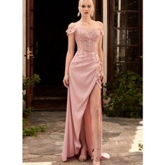 This Dreamy Gown Features A Fitted Off The Shoulder Lace Adorned Bodice And Floral Appliques. The Skirt Is A Gathered Soft Satin With High Thigh Slit Embellished With 3d Flowers And Beads. Color: Blush Dusty Pink Prom Dress, Cap Sleeve Prom Dress, Long Party Gowns, Dreamy Gowns, Corset Gown, Cinderella Divine, Mermaid Evening Gown, 파티 드레스, Off Shoulder Gown