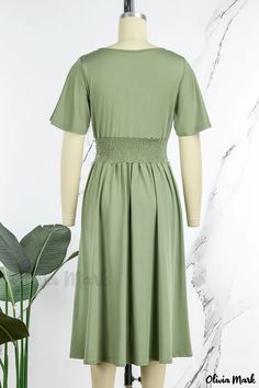 Olivia Mark - Olive Green Contemporary Patchwork V-Neck Short Sleeve Dress with a Relaxed Casual Style Green Non-stretch V-neck Midi Dress, Modest Green V-neck Maxi Dress, Modest Solid V-neck Dress, Pink Solid, Vestido Casual, Patchwork Designs, Short Sleeve Dress, Olivia Mark, Army Green