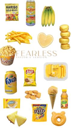 a bunch of food that is on top of a white background with the words fearless written above it