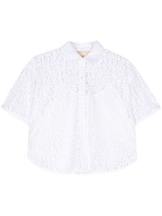 white corded lace leopard pattern semi-sheer construction classic collar short sleeves cropped removable lining curved hem front button fastening White Lace Shirt, Versace Outfit, Corded Lace, Yoko London, Leopard Pattern, Lace Shirt, Lady Dior, Denim Dress, All Fashion