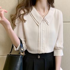 Casual Beige Blouse For Office, Casual Beige Office Blouse, Solid Chiffon Blouse For Office, Feminine Beige Blouse For Office, Chiffon Blouse For Work, Beige Button-up Office Blouse, Beige Button-up Blouse For Office, Beige Collared Top For Office, Chiffon Office Lady Blouse