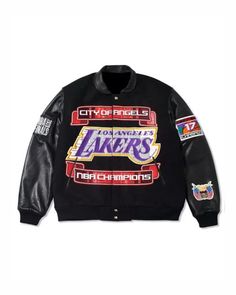 Los Angeles Lakers 2020 Championship Varsity Jacket Black Patchwork Varsity Jacket For Fall, Winter Varsity Jacket With Patches For Streetwear, Black Varsity Jacket With Patchwork, Winter Streetwear Varsity Jacket With Patches, Black Patchwork Varsity Jacket For Streetwear, Fitted Varsity Jacket For Streetwear In Fall, Fitted Varsity Jacket For Fall Streetwear, Fitted Fall Varsity Jacket For Streetwear, Fitted Letter Print Outerwear For Winter