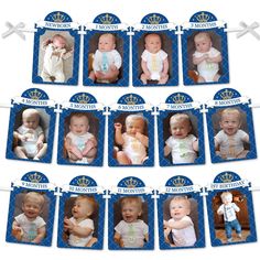 a bunch of baby pictures hanging from clothes pins