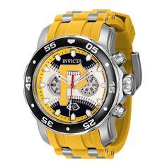 This incredible Invicta watch from the MLB collection offers an exact Quartz movement, with an incredible steel case. The face displays a white, grey, yellow, metal dial protected by our proprietary Flame Fusion Crystal. The design is completed by a yellow, steel, silicone, stainless steel band. This timepiece can resist water for up to 100 m. From its founding in 1837 to the present day, innovative excellence has been at the core of each collection throughout the history of Invicta. Here at Inv Luxury Yellow Watches With Subdials, Luxury Yellow Watch With Tachymeter, Invicta Mens Watch, Invicta Watches Women Gold, Luxury Yellow Automatic Watch, Mens Invicta Watches, Best Watches For Men, Invicta Watches, Pittsburgh Pirates