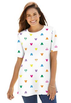 Your favorite Disney characters in the Perfect Tee fit! This classic crewneck has a flattering relaxed fit and short sleeves. Available in a multitude of colors so you can stock up on your favorites. This comfy, cute essential pairs perfectly with jeans and leggings. Solids: 100% cotton; Heathers: cotton/polyester28" length; hits low hipMachine washable, imported | Plus Size Women's Disney Crewneck Tee by Disney in White Multi Mickey (Size 6X) Plus Size Disney Outfits, Disney Prices, Outfits For Women Over 50, Disney Crewneck, Plus Size Disney, Disney Shorts, Perfect Swimsuit, Disney Shop, Fits With Shorts