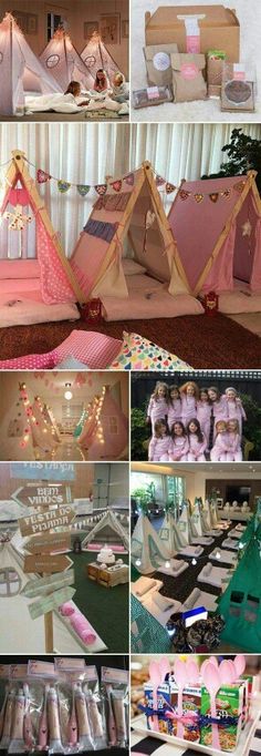 there are many different types of tents in this collage, including one for girls and one for boys