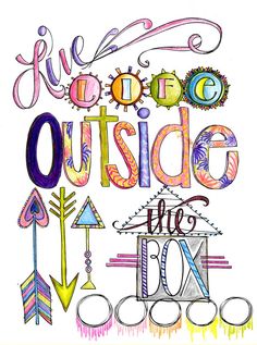 the words live, love, and outside are drawn in colorful ink on white paper