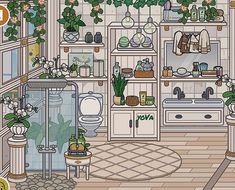 an illustration of a kitchen with plants and pots on the shelves, in front of a window