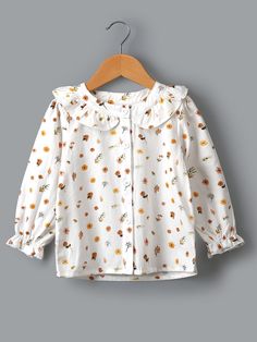 White Cute  Long Sleeve Cotton Floral,All Over Print Shirt Embellished Slight Stretch Spring/Fall Toddler Girls Clothing Pan Collar Blouse, Fall Baby Clothes, Peter Pan Collar Blouse, All Over Print Shirt, Sleeves Designs For Dresses, Baby Frocks Designs, Childrens Dress, Girls Blouse